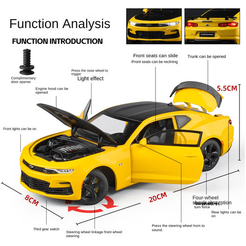 Black Mamba 1:24 Scale Licensed Chevrolet Camaro Die-Cast Alloy Model Toy - Opening Doors, Sound & Light, Pull-Back Function, Shock Absorption, Steering, Horn & Adjustable Seats - Muscle Car Collection