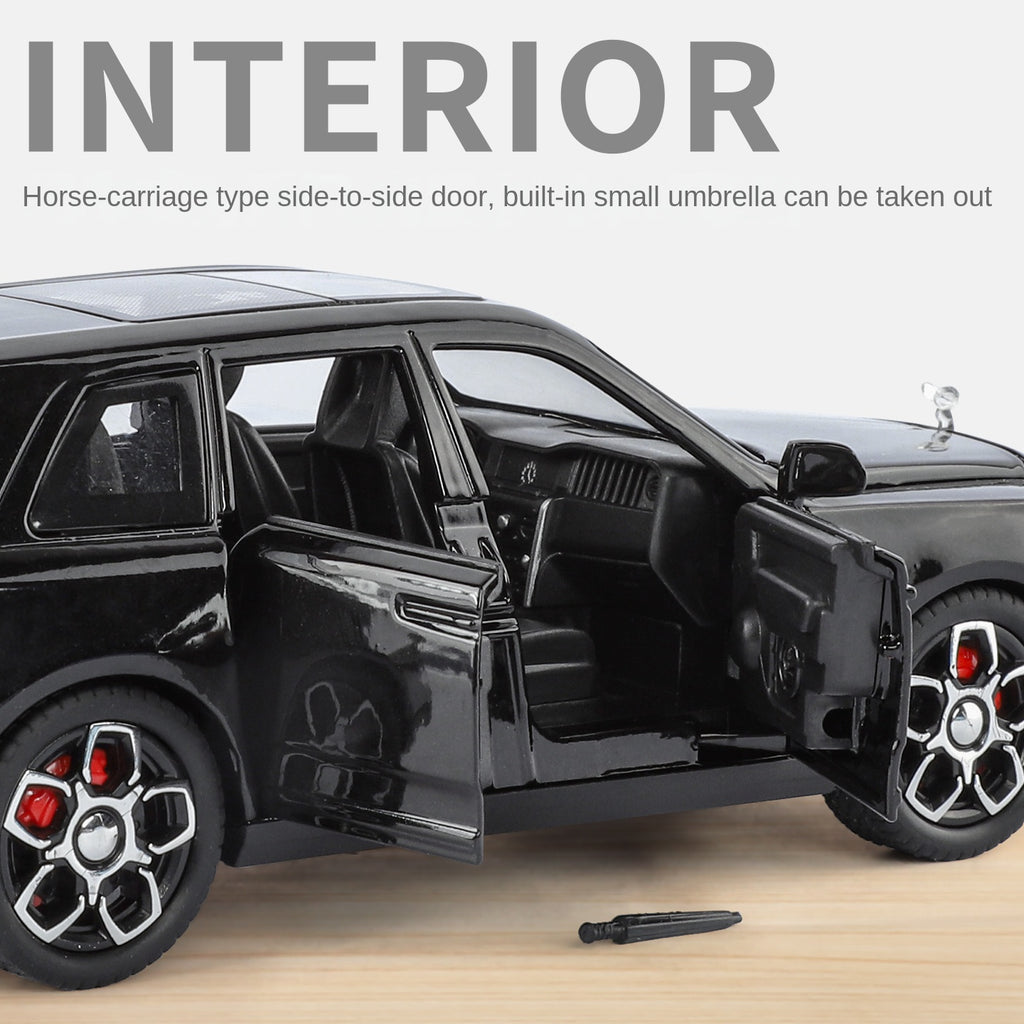 Juguete modelo Jinglifang de aleación fundida a presión a escala 1:32 compatible con Rolls-Royce Cullinan. Puertas que se abren, sonido e iluminación, función de retroceso con paraguas. Colección SUV de lujo.