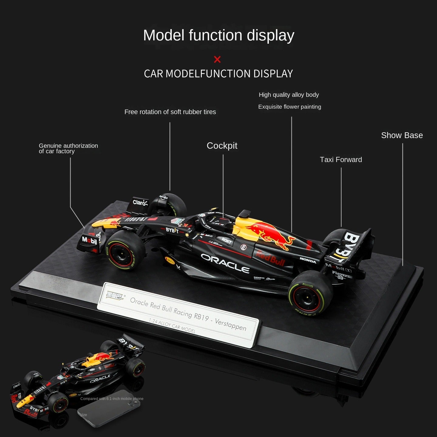 Black Mamba 1:24 Scale Licensed Red Bull RB19 Max Verstappen F1 Racing Car Die-Cast Alloy Static Model with Display Base - Front Wheel Steering - Official F1 Motorsport Collection