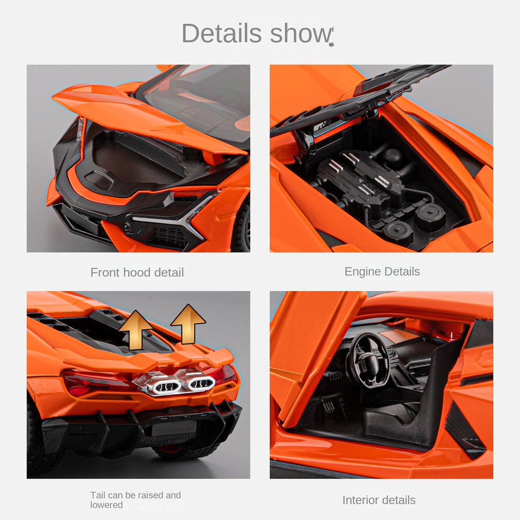 Modelo de juguete de aleación fundida a presión Chezhi a escala 1:32 compatible con Lamborghini Revuelto: puertas que se abren, sonido e iluminación, función de retroceso y alerón trasero ajustable - Colección de hipercoches híbridos