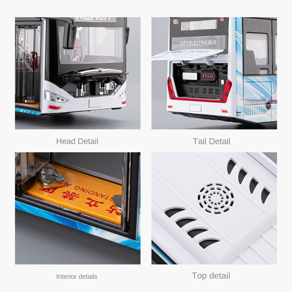 Autobús de nueva energía Chezhi a escala 1:42, modelo de aleación fundida a presión. Puertas que se abren, sonido e iluminación, función de retroceso. Colección de transporte público.