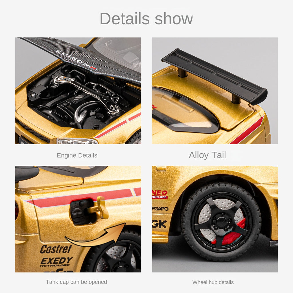 Chezhi 1:24 Scale Tuned Edition Die-Cast Alloy Model Toy Compatible with Nissan Skyline GT-R R34 - Opening Doors, Sound & Light, Pull-Back Function, Shock Absorption, Steering, Horn, Foldable Mirrors & Removable Fuel Cap - JDM Sports Car Collection