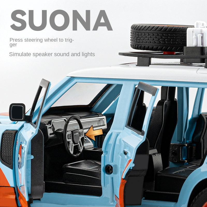 Beleying 1:24 Die-Cast Alloy Model - Compatible with Land Rover Defender - Gulf Oil / Camel Trophy Limited Edition with Roof Rack, Opening Doors, Sound & Light, Pull-Back Action & Shock Absorption