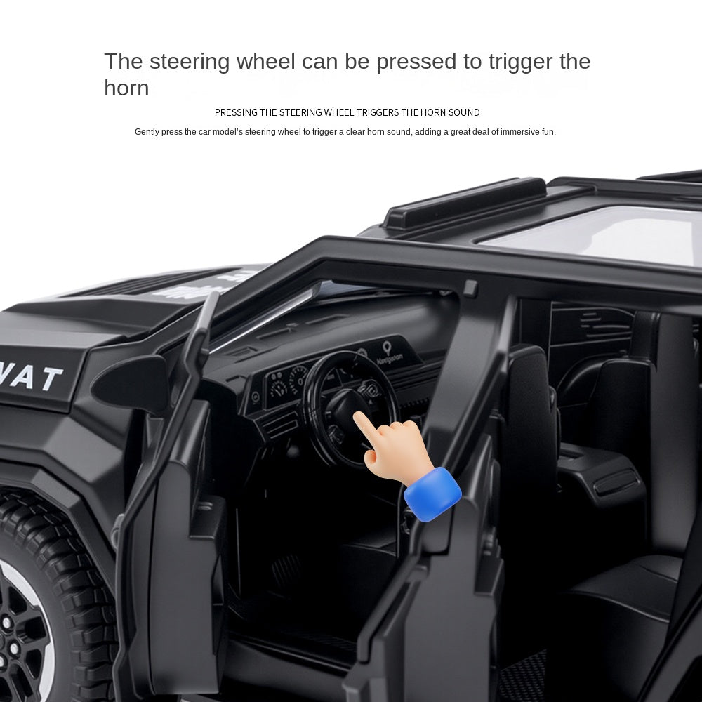 MINIAUTO 1:24 Scale Die-Cast Alloy Model Toy Compatible with Rezvani Vengeance Police Edition - Working Roof Lightbar, Opening Doors, Sound & Light, Pull-Back Function, Shock Absorption, Steering & Horn - Law Enforcement Vehicle Collection