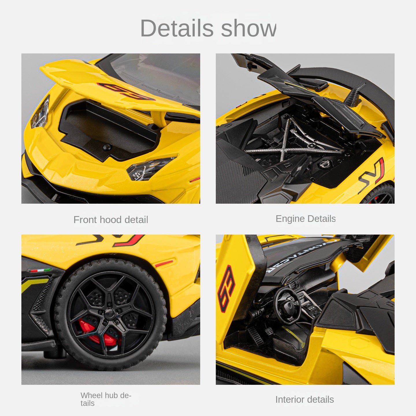 Maqueta de juguete Chezhi a escala 1:32 de aleación fundida a presión compatible con Lamborghini Aventador SVJ63: techo desmontable, puertas que se abren, sonido e iluminación, función de retroceso. Colección de superdeportivos de edición limitada.