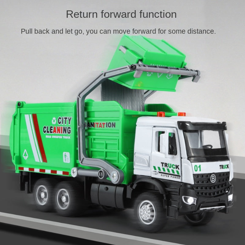 XHD 1:35 Scale City Sanitation Truck Die-Cast Alloy Model Toy with Mini Garbage Bins - Opening Doors, Sound & Light, Pull-Back Function - Municipal Vehicle Collection