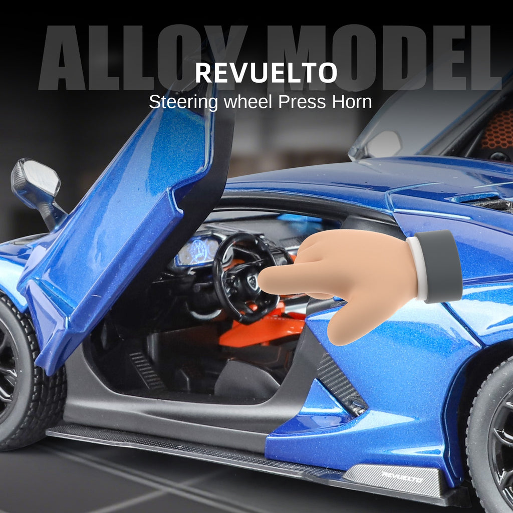 Black Mamba 1:24 Scale Licensed Lamborghini Revuelto Die-Cast Alloy Model Toy - Opening Doors, Sound & Light, Pull-Back Function, Shock Absorption, Steering, Horn & Adjustable Rear Wing - Hybrid Hypercar Collection