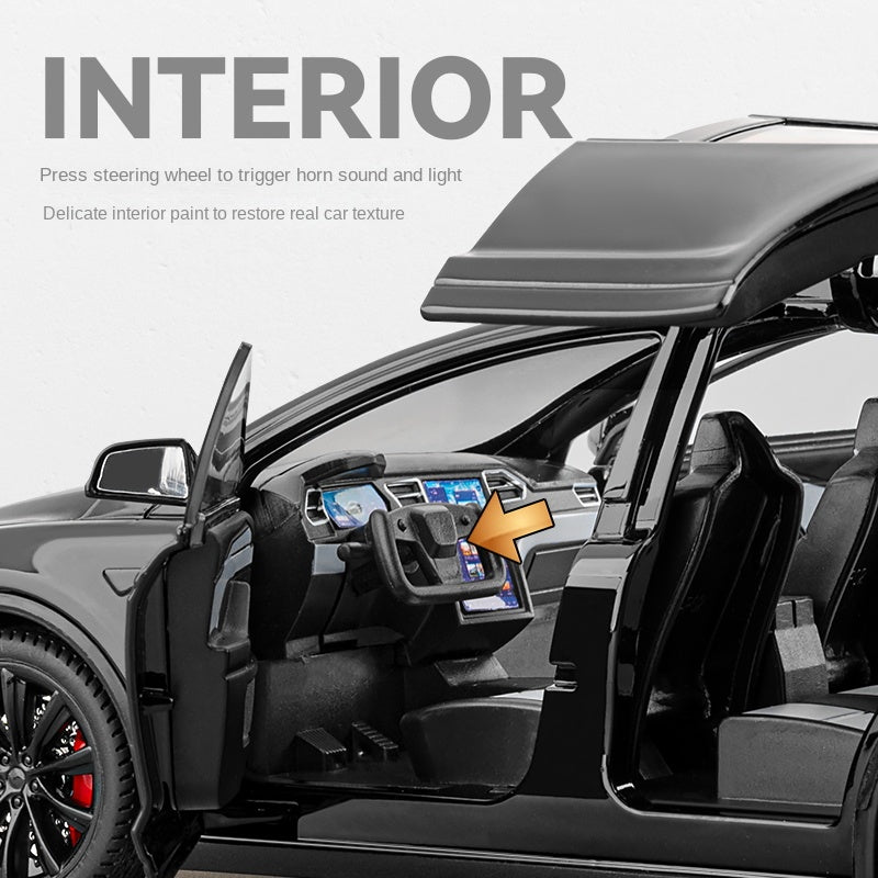 Chezhi 1:24 Die-Cast Alloy Model - Compatible with Tesla Model X - Feature-Packed with Interactive Steering Wheel, Foldable Mirrors, Adjustable Spoiler, Opening Doors, Realistic Sound & Light, Pull-Back Action & Shock Absorption - Tech Edition