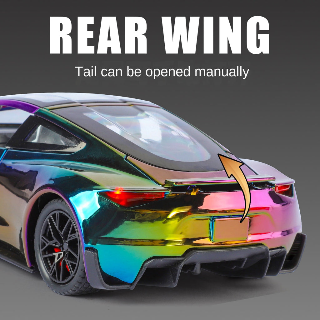 Tesla Roadster a escala 1:24, modelo de aleación fundida a presión, techo desmontable, puertas que se abren, sonido e iluminación, función de retroceso, amortiguación, dirección, bocina y alerón trasero ajustable. Colección de superdeportivos eléctricos.