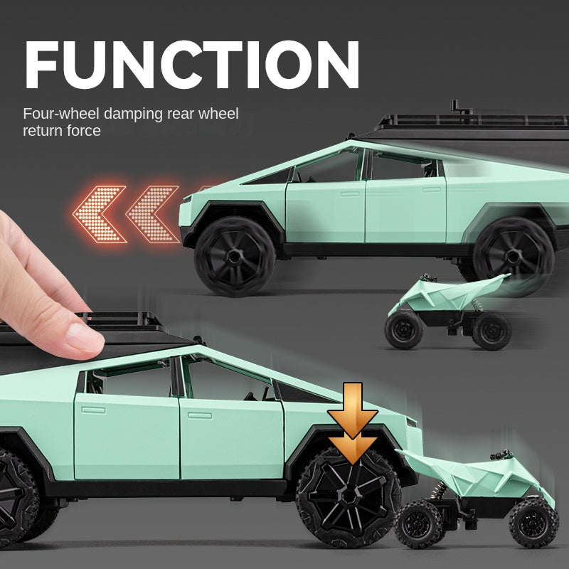 Chezhi 1:24 Scale Die-Cast Alloy Model Toy Compatible with Tesla Cybertruck Camper - with Mini Motorcycle, Openable Multi-Level Roof, Rotatable Kitchenware, Opening Doors, Sound & Light, Pull-Back Function & Shock Absorption