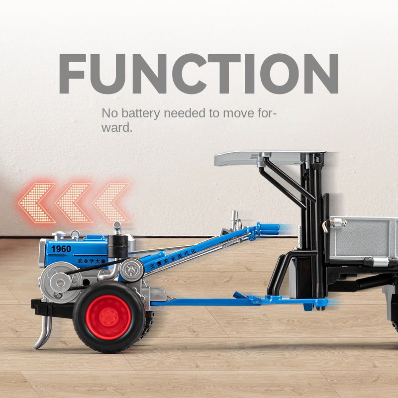1:24 Die-Cast Alloy Walk-Behind Tractor Model - Walking Tractor with Simulated Starting Crank, Sound & Light, Pull-Back Action, Steering, Liftable Trailer & Lowerable Tailgate