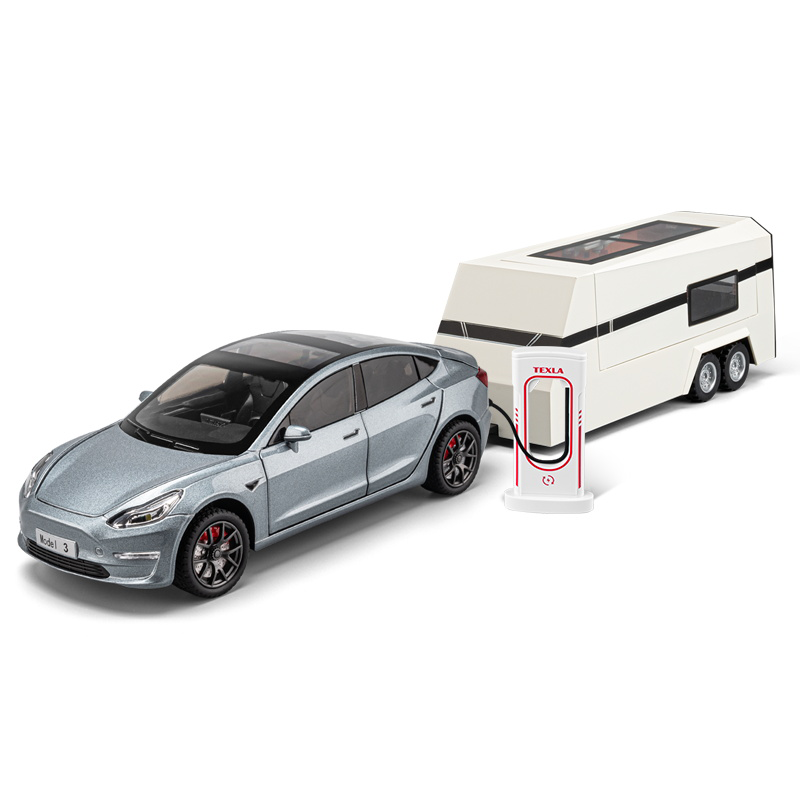 Chezhi 1:24 Die-Cast Alloy Model - Compatible with Tesla Model 3 & Travel Trailer - Electric Vehicle Caravan Set with Opening Doors, Sound & Light, Pull-Back Action, Shock Absorption & Steering