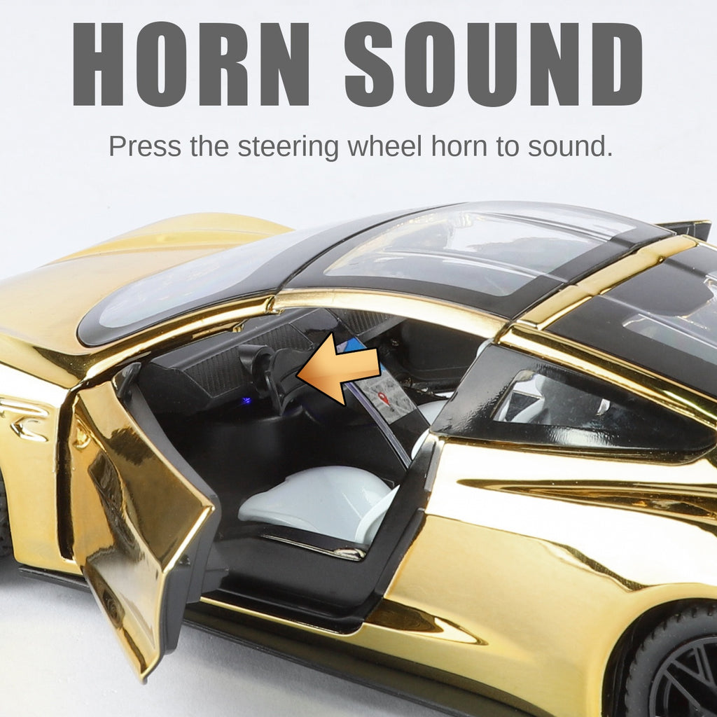 Tesla Roadster a escala 1:24, modelo de aleación fundida a presión, techo desmontable, puertas que se abren, sonido e iluminación, función de retroceso, amortiguación, dirección, bocina y alerón trasero ajustable. Colección de superdeportivos eléctricos.