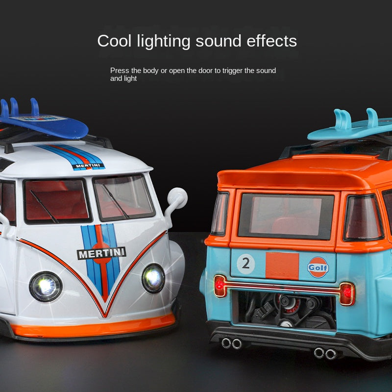 XHD 1:24 Die-Cast Alloy Model - Compatible with Volkswagen T1 Bus - Retro Camper Edition with Removable Roof Rack, Opening Doors, Sound & Light, Pull-Back Action, Shock Absorption & Horn