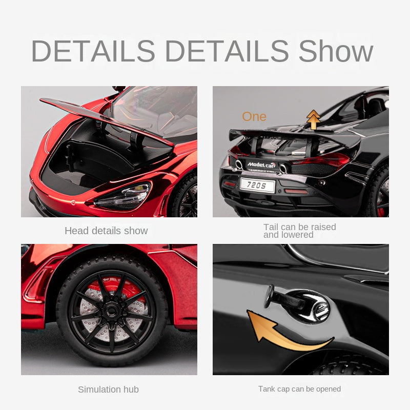 Chezhi 1:24 Scale Chrome Edition Die-Cast Alloy Model Toy Compatible with McLaren 720S - Retractable Roof Panel, Opening Doors, Sound & Light, Pull-Back Function, Shock Absorption, Steering & Horn - Supercar Collection