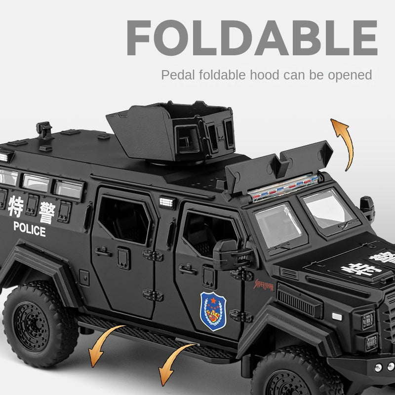 Chezhi 1:32 Licensed “Sabertooth” Armored Riot Control Vehicle Die-Cast Alloy Model - Official Police Tactical Vehicle with Opening Doors, Sound & Light, Pull-Back Action, Shock Absorption & Foldable Running Board