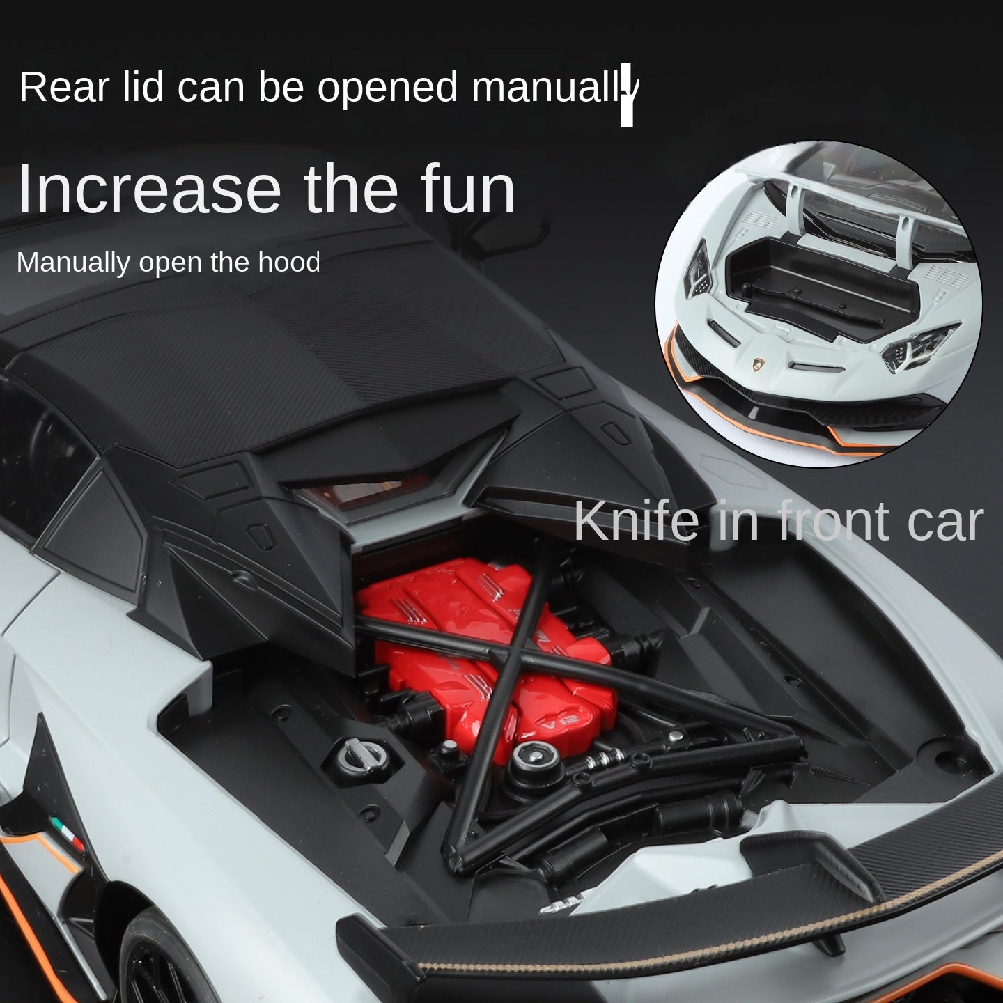 Lamborghini Aventador SVJ63 Black Mamba a escala 1:18, modelo de aleación fundida a presión con licencia: techo desmontable, puertas que se abren, sonido e iluminación, amortiguación, dirección y bocina. Colección de superdeportivos de edición limitada.