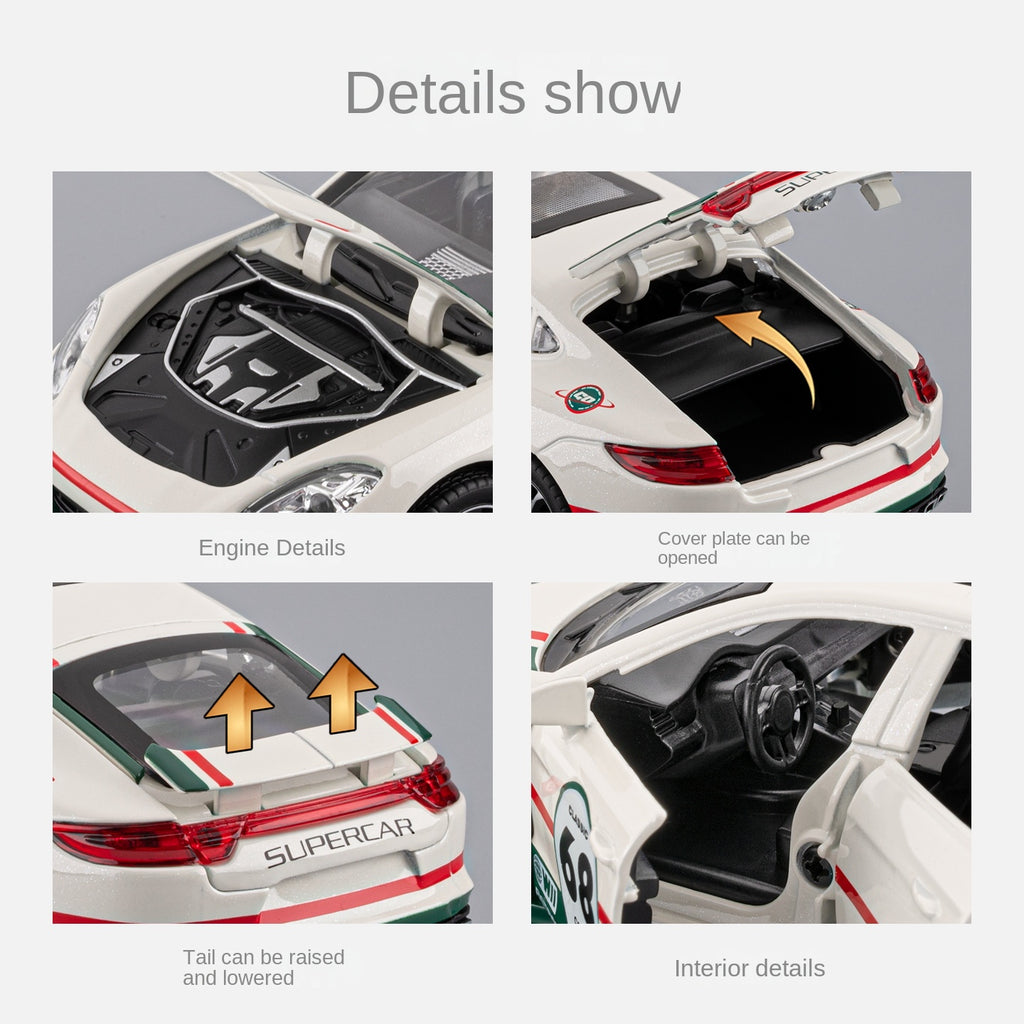 Modelo de juguete Chezhi a escala 1:32 de aleación fundida a presión, compatible con Porsche Panamera Track Edition. Puertas que se abren, sonido e iluminación, función de retroceso y alerón trasero ajustable. Colección de sedán deportivo.