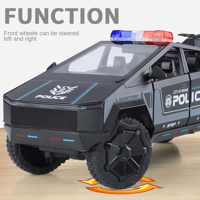 XHD 1:24 Tesla Cybertruck Police Model - Includes Mini Motorcycle, with Sound & Light, Opening Doors, Pull-Back, Shock Absorption & Steering