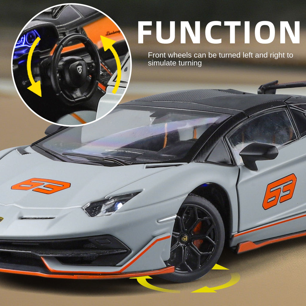 Black Mamba 1:24 Scale Licensed Lamborghini Aventador SVJ63 Die-Cast Alloy Model Toy - Removable Roof, Adjustable Seats, Opening Doors, Sound & Light, Pull-Back Function, Shock Absorption, Steering & Horn - Limited Edition Supercar Collection