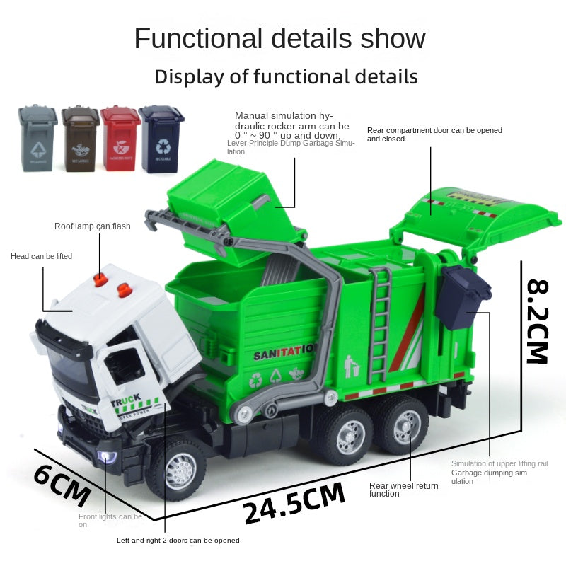 XHD 1:35 Scale City Sanitation Truck Die-Cast Alloy Model Toy with Mini Garbage Bins - Opening Doors, Sound & Light, Pull-Back Function - Municipal Vehicle Collection