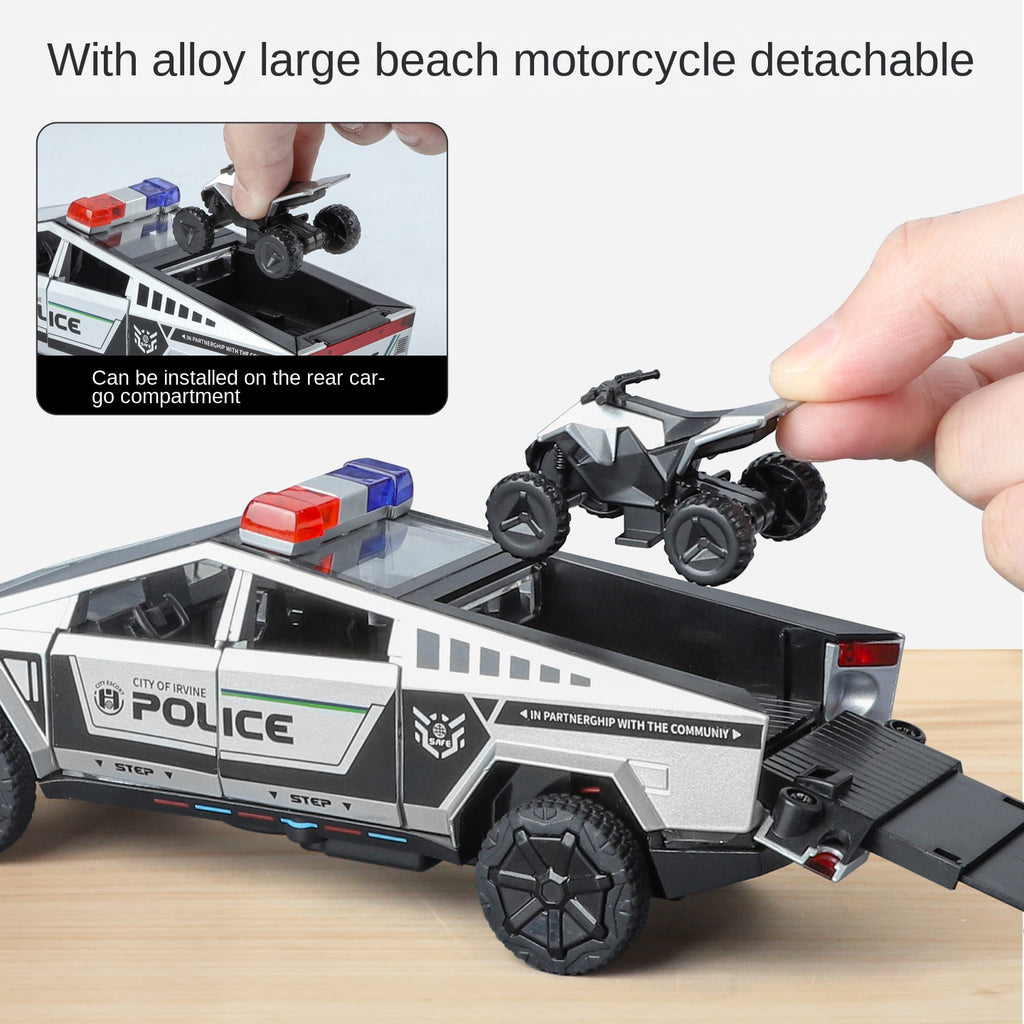 Tesla Cybertruck Police Edition - Maqueta de juguete de aleación fundida a presión a escala 1:32 XHD con motocicleta de juguete: puertas que se abren, sonido e iluminación, función de retroceso y amortiguación - Colección de vehículos policiales