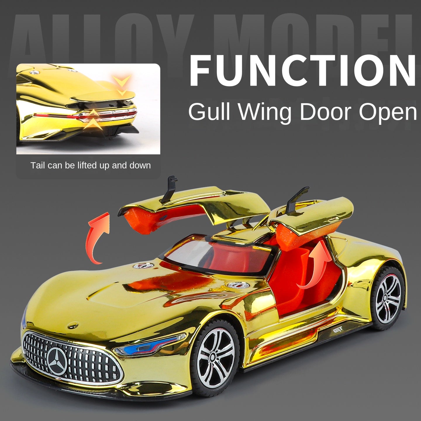 XHD 1:24 Chrome Edition Die-Cast Alloy Model - Compatible with Mercedes-AMG Vision GT Concept Car - Feature-Packed with Opening Doors, Realistic Sound & Light, Pull-Back Action, Shock Absorption & Steering