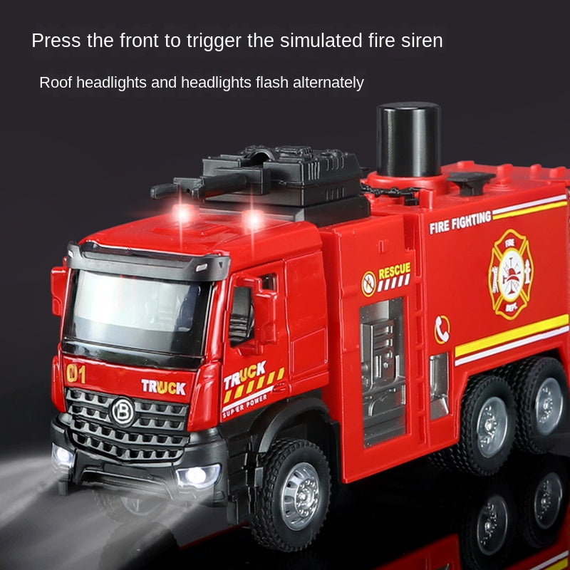 XHD 1:35 Scale Water Tank Fire Truck Die-Cast Alloy Model Toy - Press-to-Spray Water, Rotatable Water Monitor, Opening Doors, Sound & Light, Pull-Back Function - Emergency Vehicle Collection