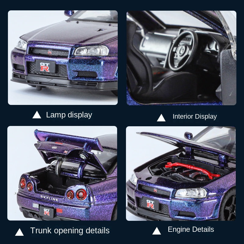 Jinglifang 1:32 Scale Die-Cast Alloy Model Toy Compatible with Nissan Skyline GT-R R34 - Opening Doors, Sound & Light, Pull-Back Function - JDM Sports Car Collection