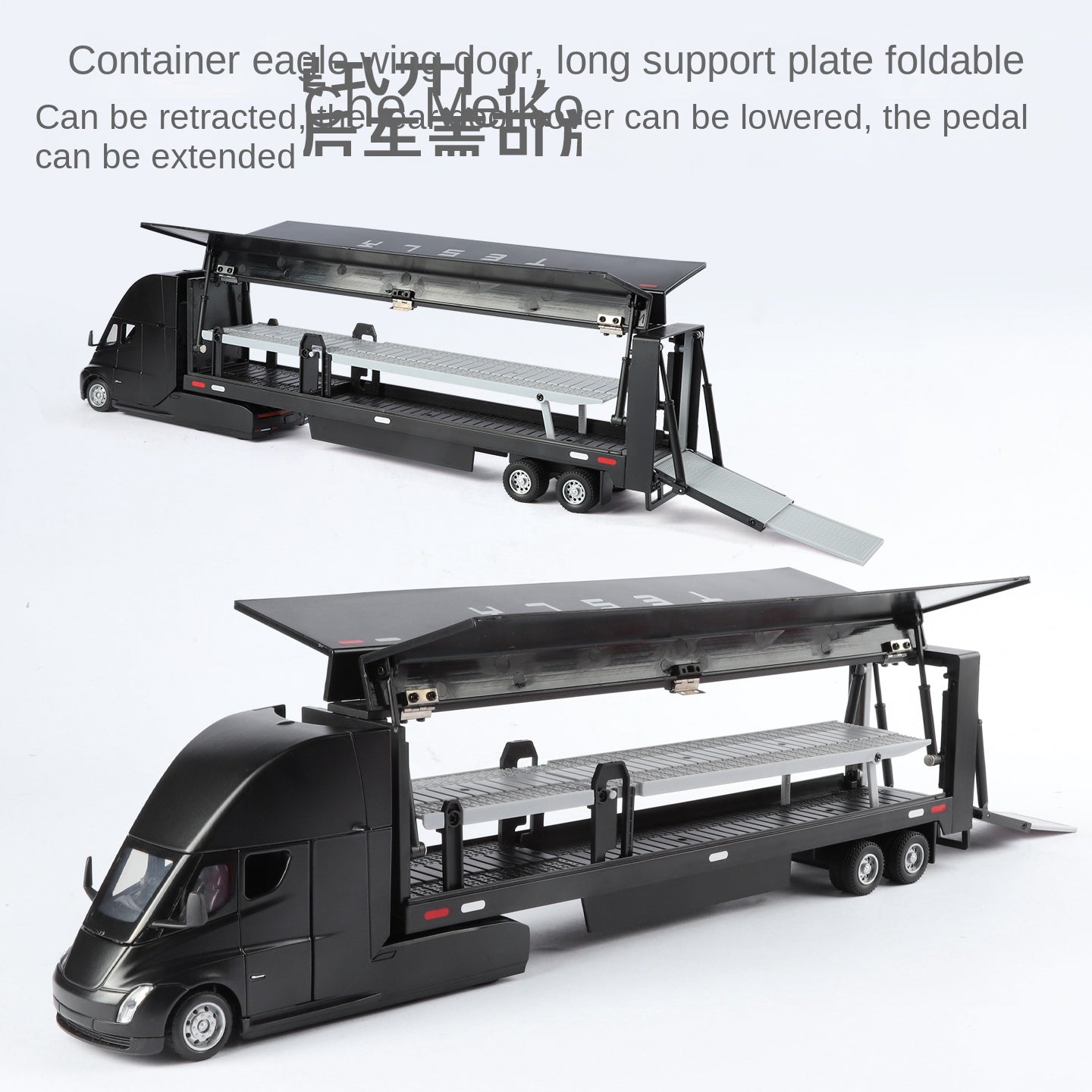 XHD 1:32 Scale Die-Cast Alloy Model Toy - Tesla Semi Double-Deck Container Transport Truck with Opening Doors, Sound & Light, Pull-Back Function & Shock Absorption - Electric Commercial Vehicle Collection