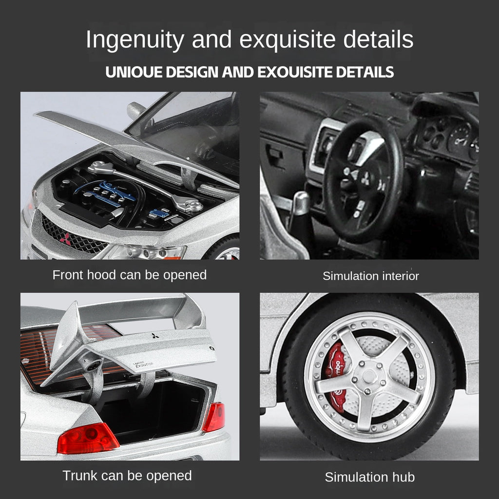 Mitsubishi Lancer Evolution IX, modelo de aleación fundida a presión con licencia a escala 1:24 de Jinglifang: puertas que se abren, sonido e iluminación, función de retroceso, amortiguación y dirección. Colección de autos deportivos JDM.