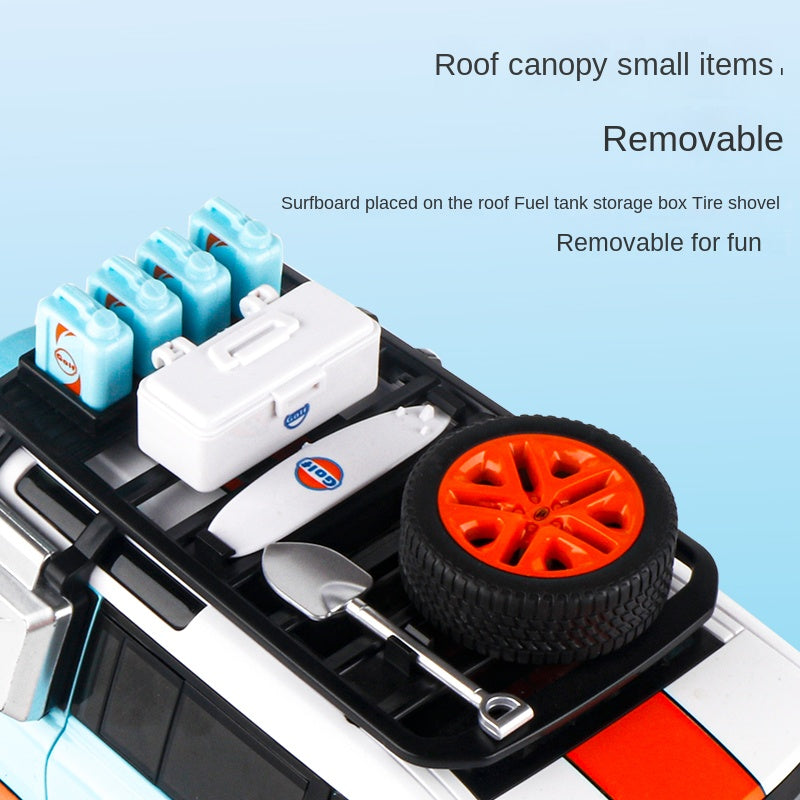 OK 1:18 Scale Die-Cast Alloy Model Toy Compatible with Land Rover Defender - Camel Trophy / Gulf Oil Liveries, with Roof Accessories, Opening Doors, Sound & Light, Shock Absorption, Steering & Horn - Classic Off-Road Collection