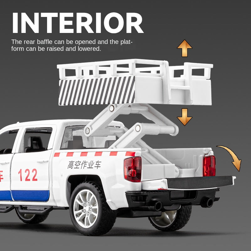 Chezhi 1:32 Scale Die-Cast Alloy Model Toy Compatible with Chevrolet Pickup - Aerial Platform / Rescue Truck, Opening Doors, Sound & Light, Pull-Back Function