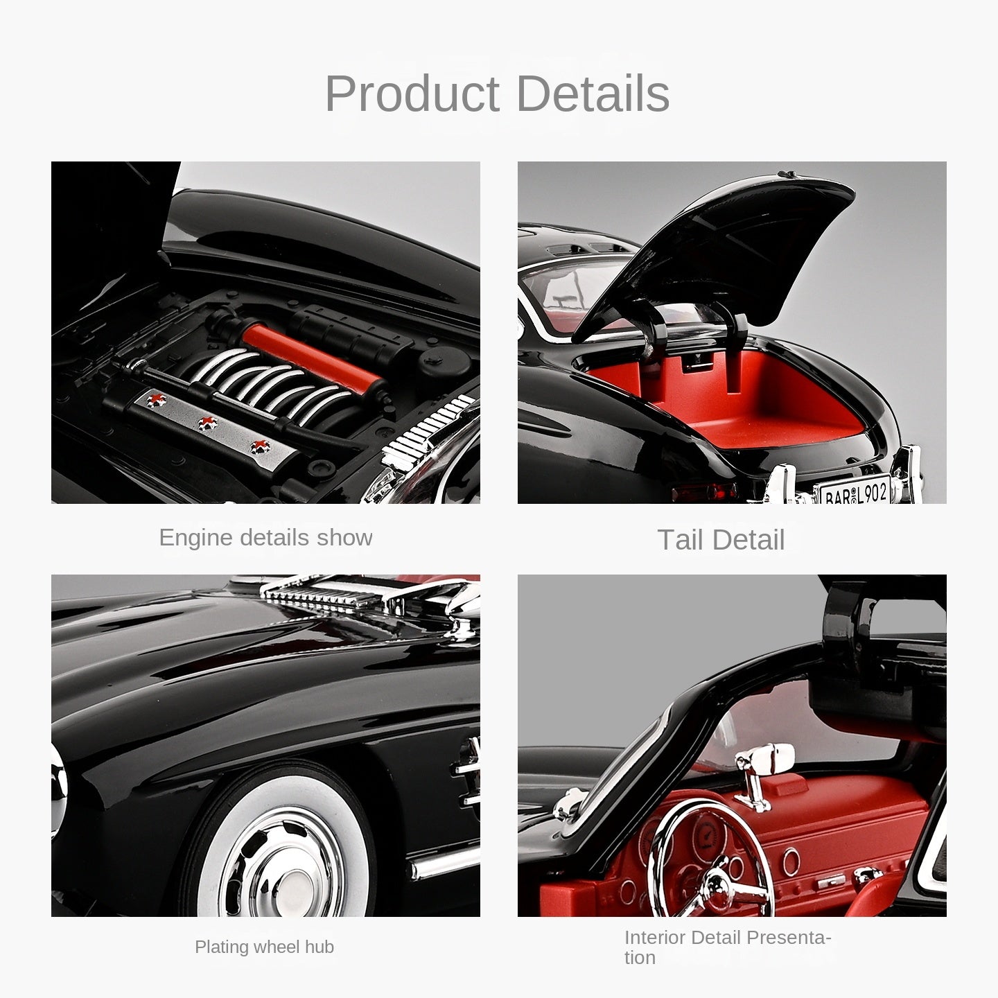 Chezhi 1:18 Scale Die-Cast Alloy Model Toy Compatible with Mercedes-Benz 300SL - Opening Doors, Sound & Light, Pull-Back Function, Shock Absorption, Steering & Horn - Classic Sports Car Collection