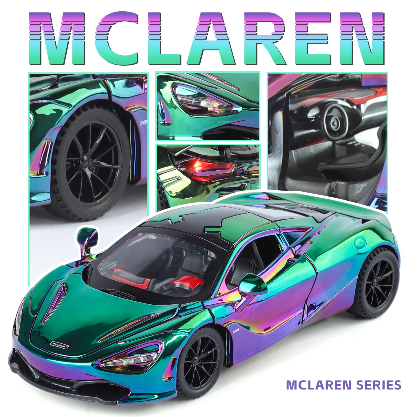 Jin Lifang 1:32 Chrome Edition Die-Cast Alloy Model - Compatible with McLaren 720S Supercar - Feature-Packed with Realistic Sound & Light, Pull-Back Action & Adjustable Rear Wing