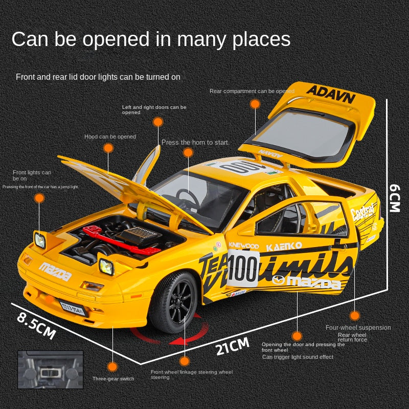 Jin Lifang 1:24 Die-Cast Alloy Model - Compatible with Mazda RX-7 FC - JDM Icon with Pop-Up Headlights, Opening Doors, Sound & Light, Pull-Back Action, Shock Absorption & Interactive Steering