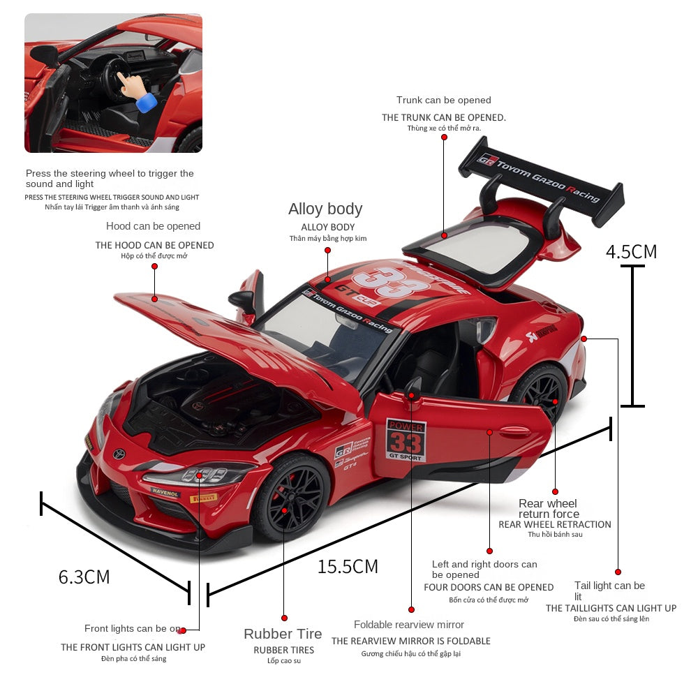 Jianyuan 1:32 Licensed Toyota GR Supra GT4 Die-Cast Alloy Model - Official GT4 Race Car with Opening Doors, Sound & Light, Pull-Back Action, Horn & Foldable Mirrors
