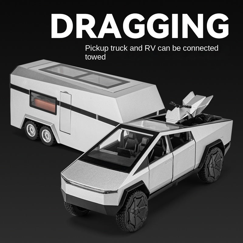 Chezhi 1:24 Scale Die-Cast Alloy Model Toy Set Compatible with Tesla Cybertruck + Camper Trailer + Mini Motorcycle - Opening Doors, Sound & Light, Pull-Back Function - Electric Adventure Collection