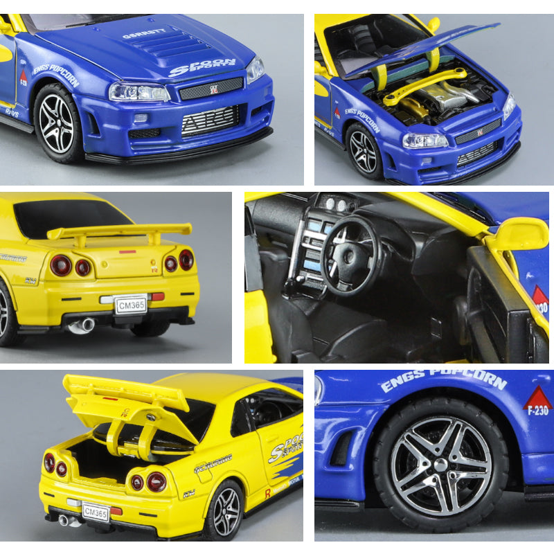 Chimei 1:32 Scale Die-Cast Alloy Model Toy Compatible with Nissan Skyline GT-R R34 - Opening Doors, Sound & Light, Pull-Back Function & Shock Absorption - JDM Sports Car Collection