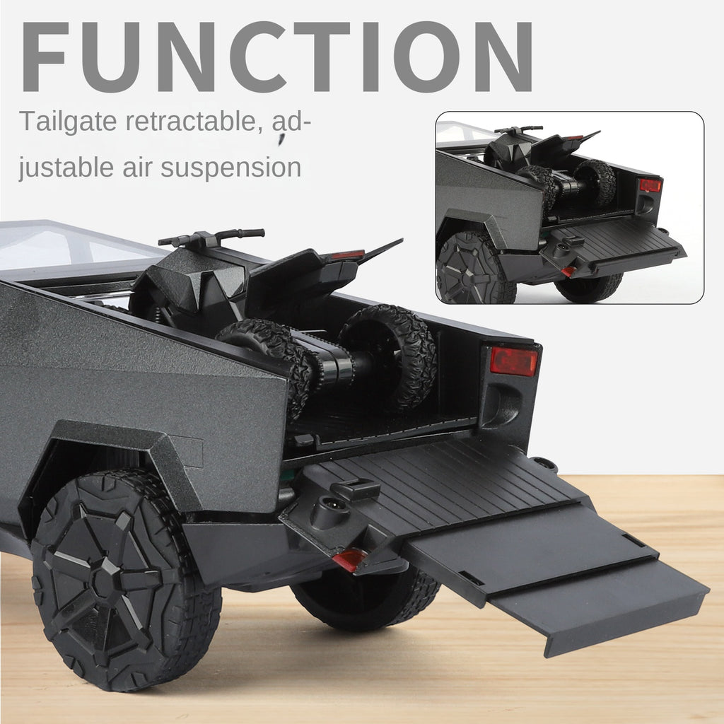 Modelo de juguete de aleación Tesla Cybertruck Camper a escala 1:24 XHD con minimoto, estación de carga y accesorios - Colección de vehículos eléctricos de aventura