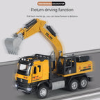 XHD 1:35 Scale Engineering Excavator Die-Cast Alloy Model Toy with Interchangeable Attachments - Excavator Bucket / Pile Driver / Log Grapple, Opening Doors, Sound & Light, Pull-Back Function - Construction Vehicle Collection