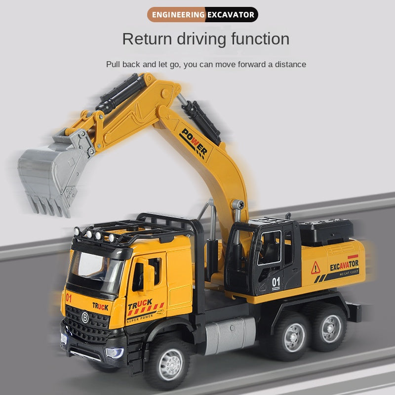 XHD 1:35 Scale Engineering Excavator Die-Cast Alloy Model Toy with Interchangeable Attachments - Excavator Bucket / Pile Driver / Log Grapple, Opening Doors, Sound & Light, Pull-Back Function - Construction Vehicle Collection