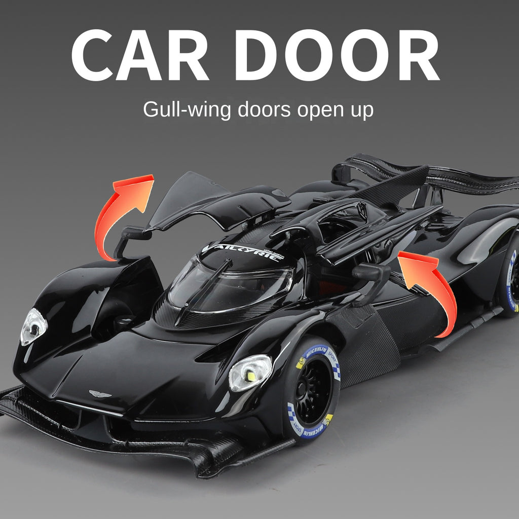 Maqueta de juguete de aleación fundida a presión Jinglifang a escala 1:24 compatible con Aston Martin Valkyrie: puertas que se abren, sonido e iluminación, función de retroceso, amortiguación y dirección - Colección Hypercar