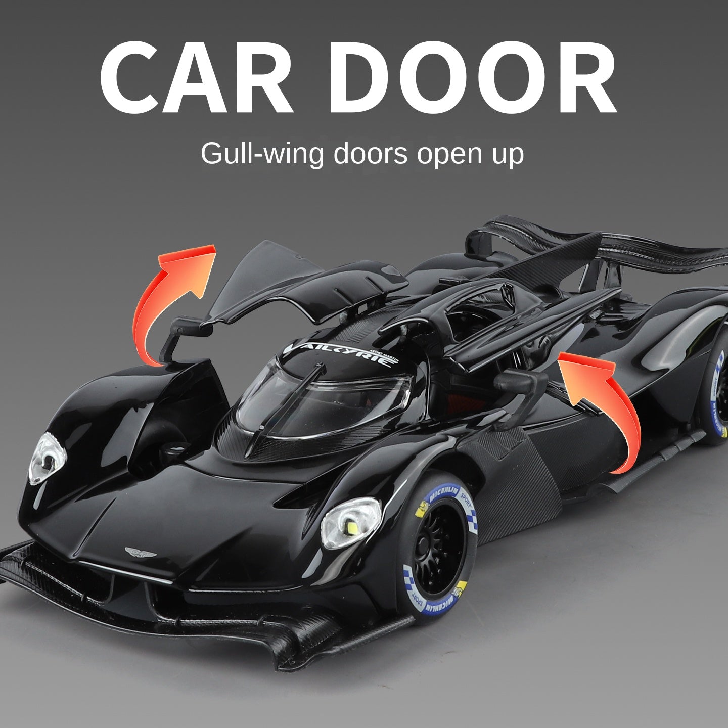 Maqueta de juguete de aleación fundida a presión Jinglifang a escala 1:24 compatible con Aston Martin Valkyrie: puertas que se abren, sonido e iluminación, función de retroceso, amortiguación y dirección - Colección Hypercar