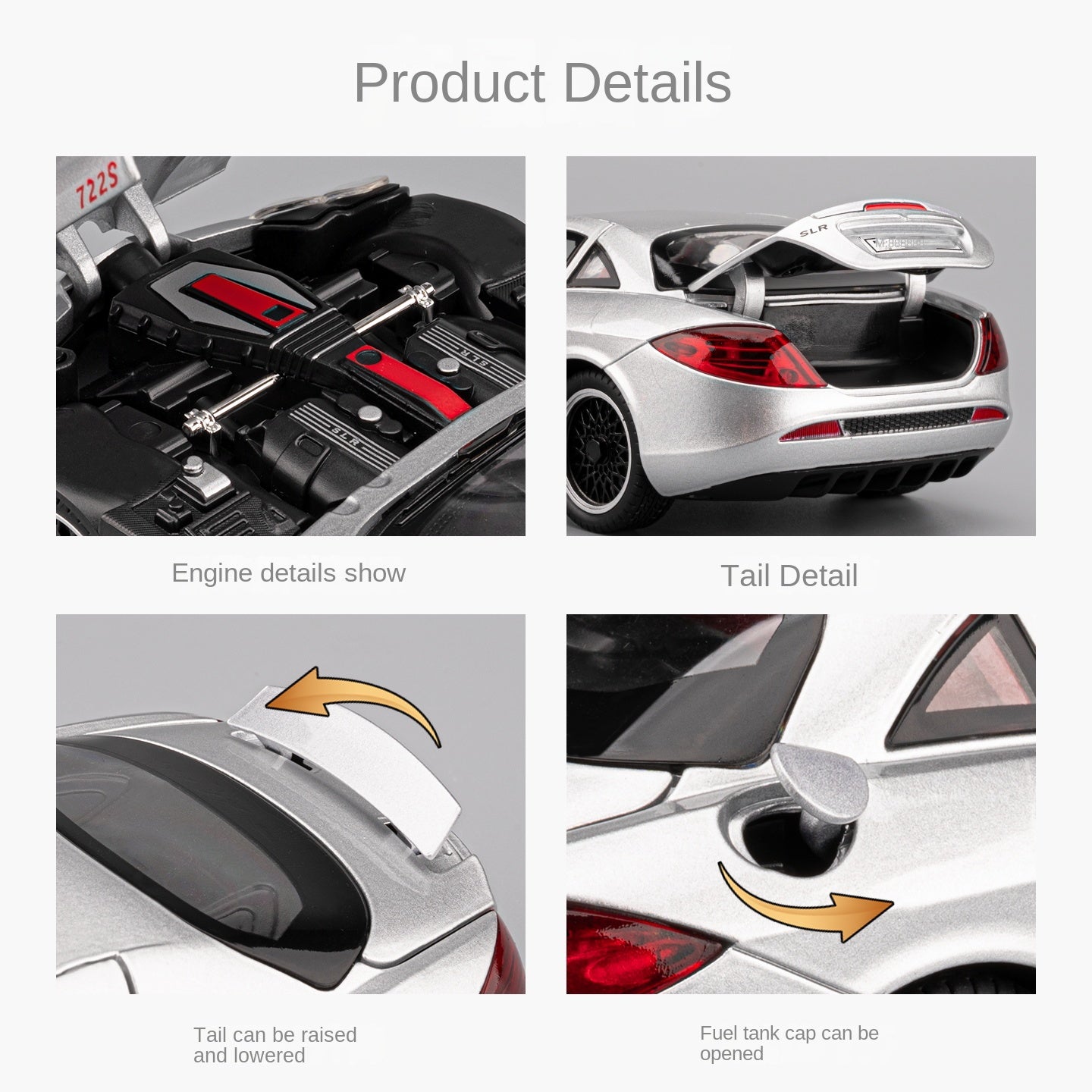 Chezhi 1:24 Scale Die-Cast Alloy Model Toy Compatible with Mercedes-Benz SLR McLaren 722 S - Opening Doors, Sound & Light, Pull-Back Function, Shock Absorption, Steering, Horn, Adjustable Rear Wing & Removable Fuel Cap - Supercar Collection