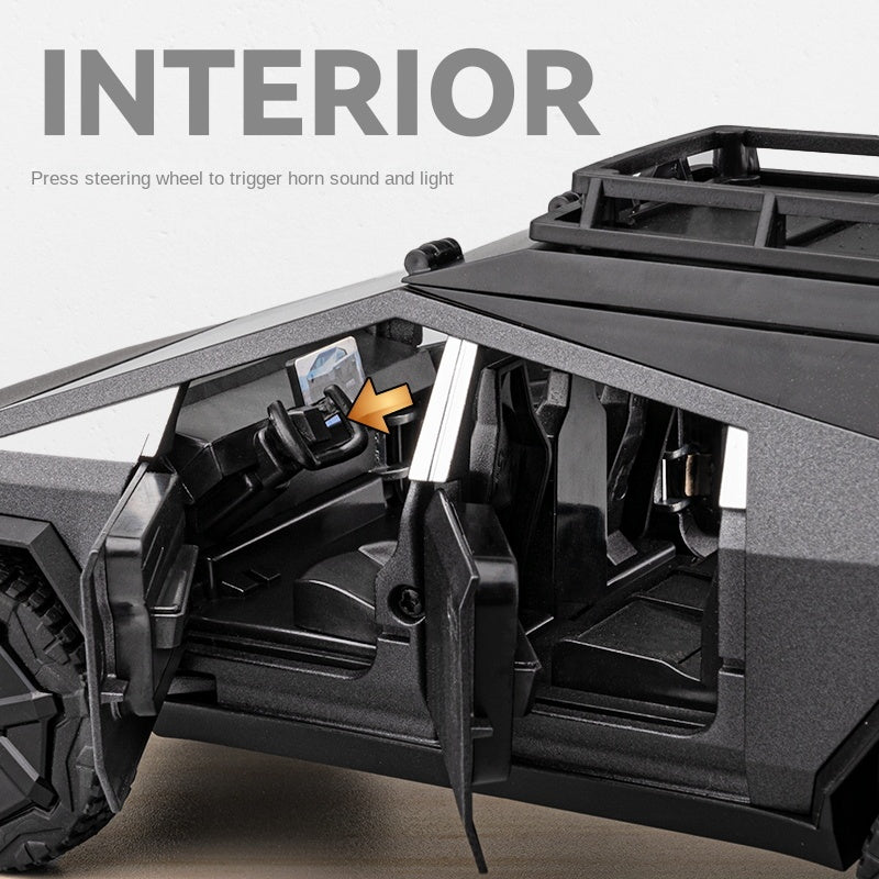 Chezhi 1:24 Scale Die-Cast Alloy Model Toy Compatible with Tesla Cybertruck Camper - with Mini Motorcycle, Openable Multi-Level Roof, Rotatable Kitchenware, Opening Doors, Sound & Light, Pull-Back Function & Shock Absorption