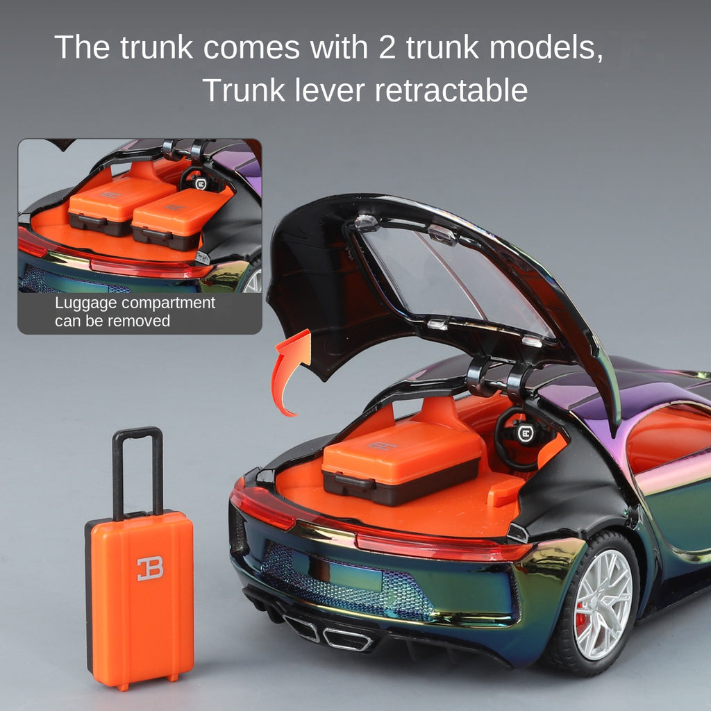 XHD 1:24 Scale Chrome Edition Die-Cast Alloy Model Toy Compatible with Bugatti Atlantic - Opening Doors, Sound & Light, Pull-Back Function, Shock Absorption, Steering, Horn with Mini Luggage Set - Classic Car Collection