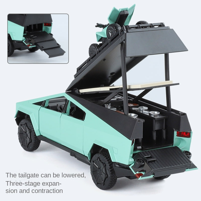 XHD 1:32 Die-Cast Alloy Model - Compatible with Tesla Cybertruck Camper - Off-Grid Camping Set with Mini Motorcycle, Opening Doors, Sound & Light, Pull-Back Action & Shock Absorption