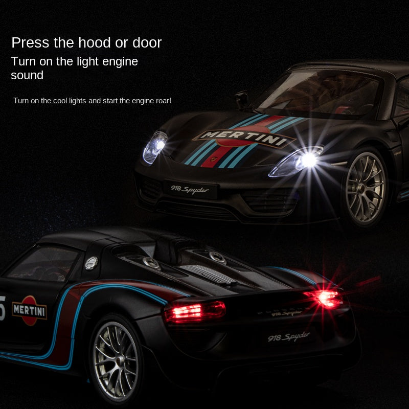 OK 1:18 Scale Die-Cast Alloy Model Toy Compatible with Porsche 918 Martini Racing Edition - Removable Roof, Opening Doors, Sound & Light, Shock Absorption, Steering, Horn & Adjustable Rear Wing - Hybrid Hypercar Collection