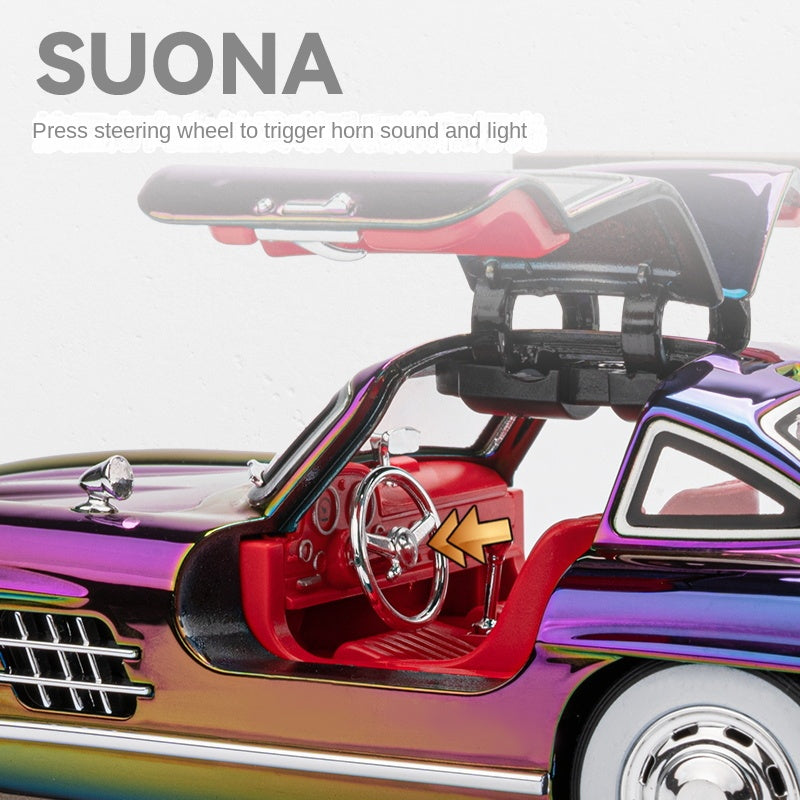 Chezhi 1:24 Chrome Edition Die-Cast Alloy Model - Compatible with Mercedes-Benz 300SL Gullwing - Classic Icon with Opening Doors, Sound & Light, Pull-Back Action, Shock Absorption & Interactive Steering Wheel